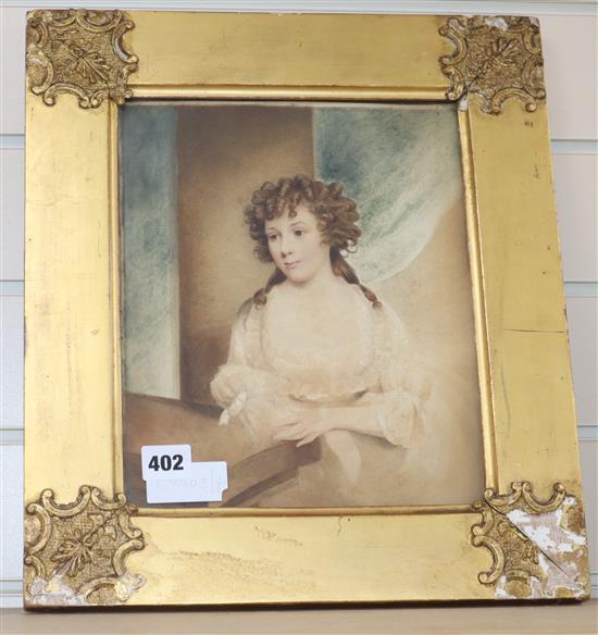 19th century English School, watercolour, Portrait of a young lady, 28 x 23cm